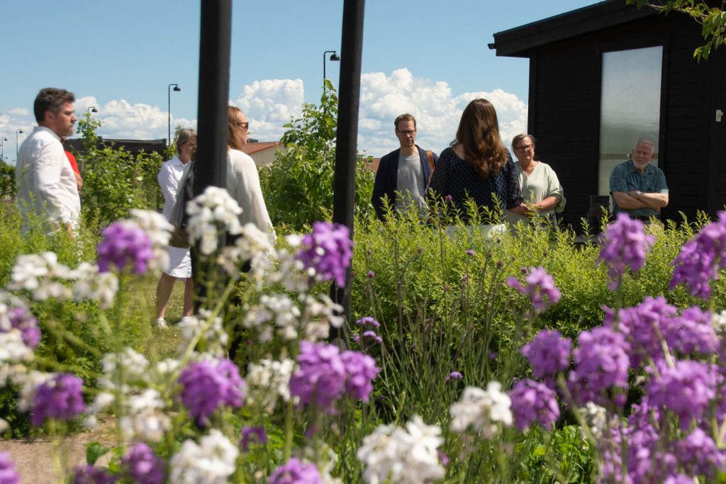 Delar av styrelsen i blommande omgivning.