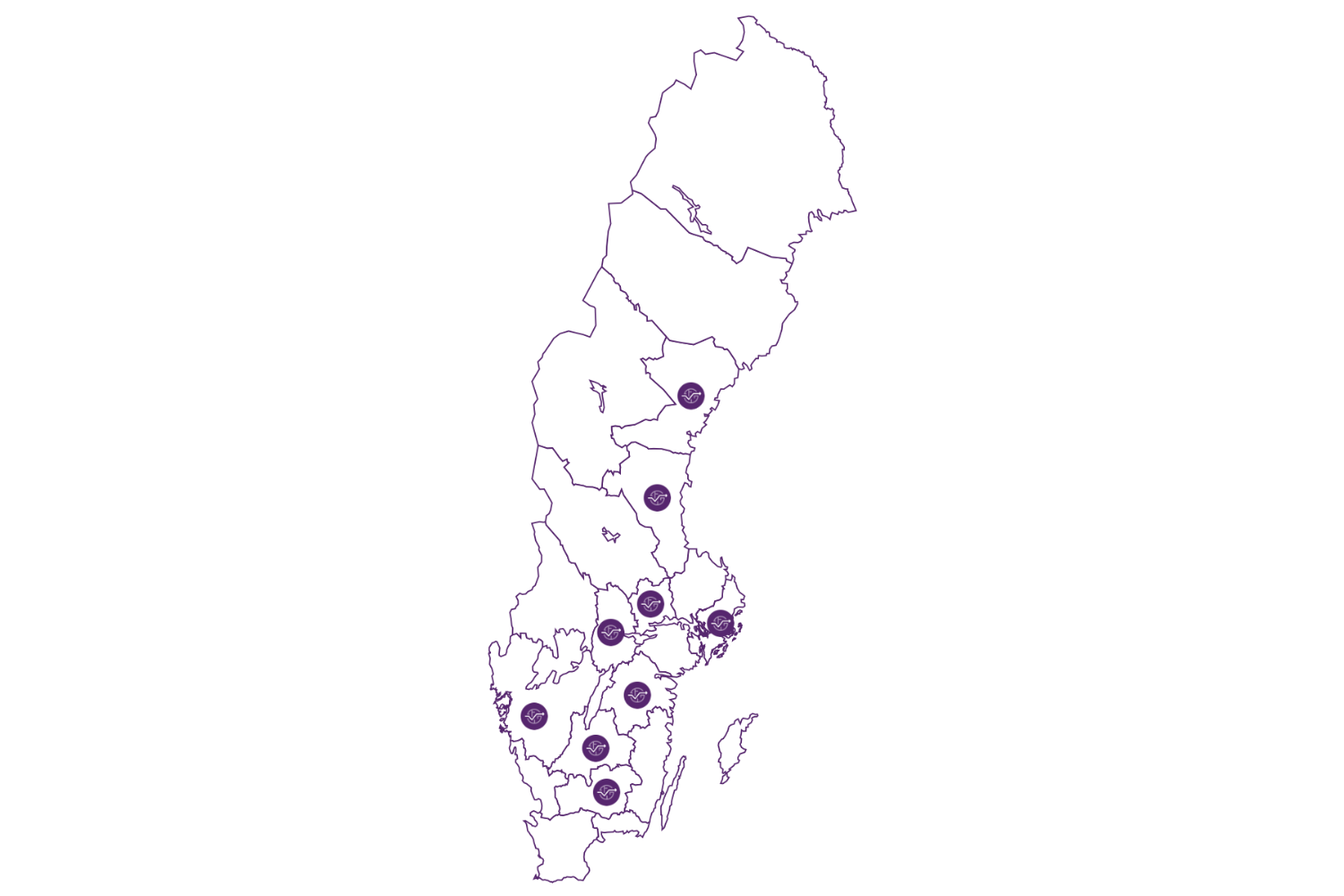 Sverigekarta med de 9 län som finns representerade i Välfärdsguiden markerade.